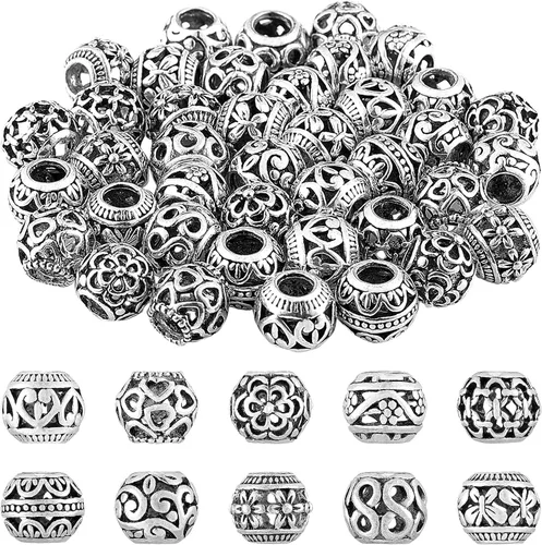 Vista 9 de 40 piezas de cuentas espaciadoras de tono plateado, cuentas huecas de aleación tibetana de filigrana de 10 mm, cuentas metálicas pequeñas