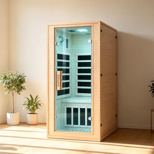 Vista 16 de Sala de sauna de infrarrojo lejano de 1350W para el hogar, sauna de madera canadiense de Hemlock de calentamiento rápido bajo EMF, luz de sauna que