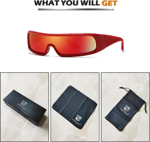 Vista 6 de HYLLE Y2K - Gafas de sol futuristas envolventes para mujeres y hombres, de moda, Cyberpunk, lentes de sol con visera monobloque cíclope, Marco rojo