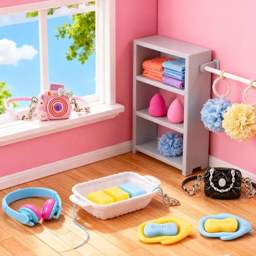 Vista 3 de Juego de 116 piezas de accesorios para casa de muñecas, herramientas de maquillaje, artículos de tocador de baño, bolso para bricolaje, micro