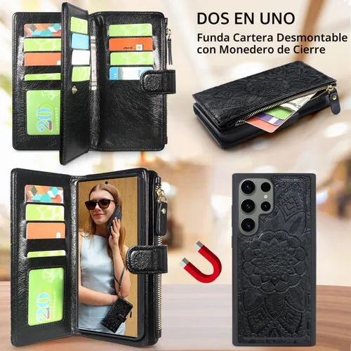 Vista 3 de Harryshell Funda de cuero desmontable con cremallera magnética con bolsillo para monedas, 12 ranuras para tarjetas, correa de muñeca para Samsung