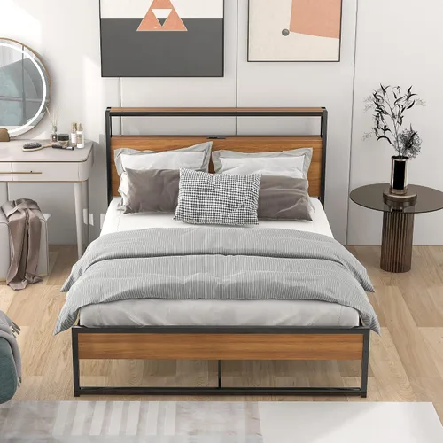 Vista 3 de VilroCaz Cama de plataforma de tamaño matrimonial con enchufes y puertos USB, marco de cama de plataforma de metal moderno con cajones, soporte