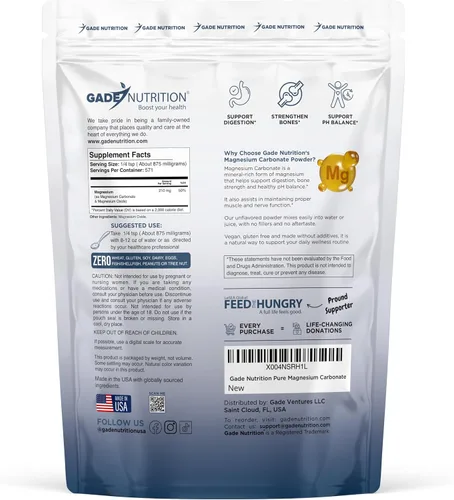 Vista 2 de Gade Nutrition - Polvo de carbonato de magnesio puro 17.64 oz, 875 mg por porción, 571 porciones Sin OMG, sin gluten, sin relleno, altamente