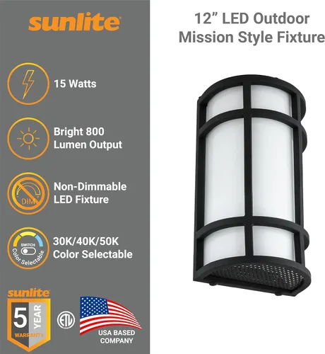 Vista 3 de Sunlite 81434 - Lámpara LED estilo misión de 12 pulgadas, aplique de pared de medio cilindro, seleccionable 3 CCT 3000K-5000K, 15 vatios, 800