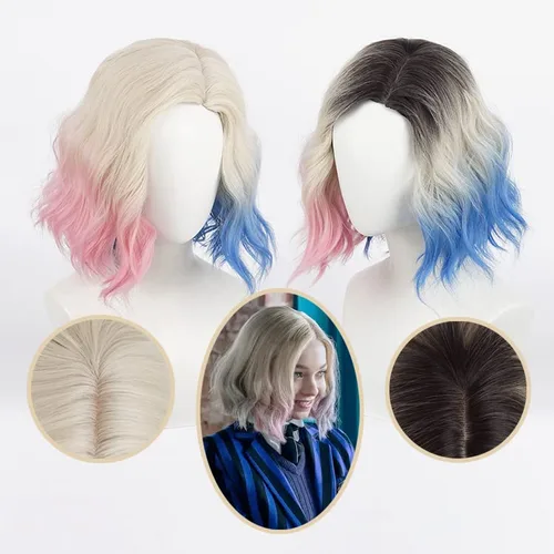 Vista 2 de Enid Sinclair Pelucas onduladas mujeres rosa y azul negro superior rizado corto partido Cosplay pelucas sintéticas niñas peinado vestido pelo