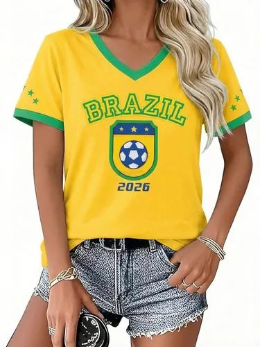 Vista 10 de Camiseta de fútbol 2026 para mujer, camisetas de México, camiseta de Brasil, camisetas gráficas divertidas de fútbol Y2K con cuello en V