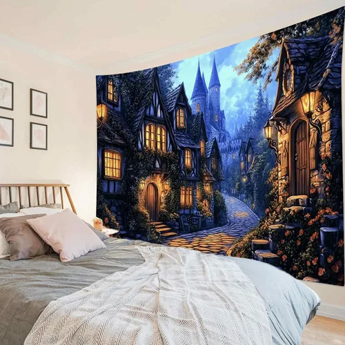 Vista 21 de LB Tapiz de cielo nocturno y océano, tapiz de luna llena sobre el agua, tapiz para colgar en la pared, tapiz de fantasía mágica de acuarela 3D, arte