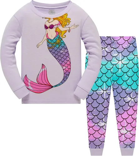 Vista 8 de Popshion Pijamas de sirena para niñas pequeñas, juego de 2 piezas, ropa de dormir 100% algodón, ropa para niños, pijamas estilo mariquita