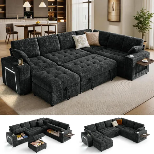 Vista 14 de Sofá modular modular de 86 pulgadas en forma de L, 5 asientos con cama Beige