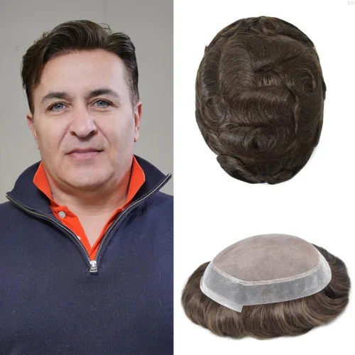 Vista 99 de Toupee para hombres Piezas de pelo fino mono para hombre Toupee sistema de reemplazo de pelo para hombres línea capilar natural para hombre postizo