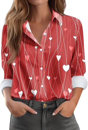 Vista 38 de Camisetas de San Valentín para mujer, camisas con botones, blusas de corazón, elegantes, informales, cuello de solapa, manga larga, suave, cómoda