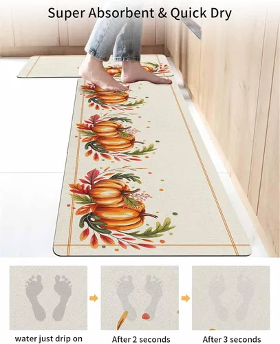 Vista 4 de Tapete de baño con acuarela de calabaza, antideslizante, de secado rápido y absorbente, de tierra de diatomeas, para fregadero de cocina, lavable
