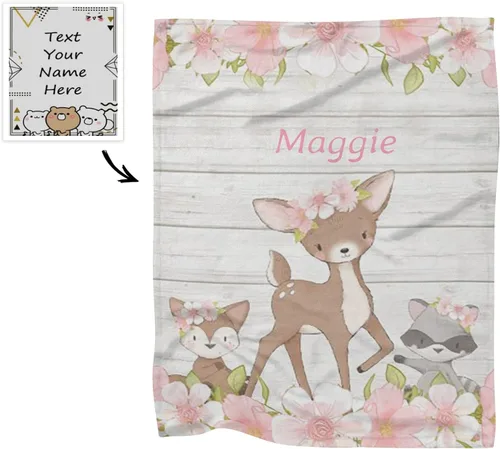 Vista 2 de Manta de bebé personalizada de animales del bosque floral rosa con nombre para niñas y niños, mantas personalizadas para guardería, regalos