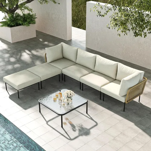 Vista 54 de LayinSun Juego de muebles de patio de aluminio de 7 piezas, sofá modular moderno con mesa auxiliar y cojín de grosor mejorado Gris claro