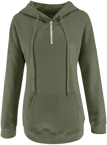 Vista 3 de Sudadera con capucha y media cremallera para mujer, con cordón, atlética, moderna, con bolsillo frontal, manga larga, para otoño