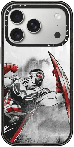Vista 101 de CASETiFY Impact - Funda para iPhone 13 Mini [Marvel Colab / protección contra caídas de 8.2 pies/Magsafe] - Capitán América VS - Negro transparente