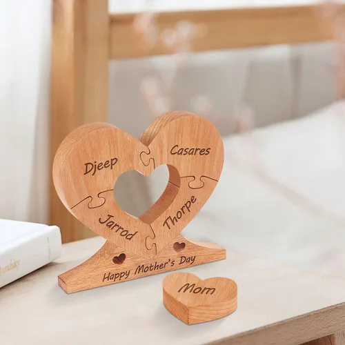 Vista 2 de Rompecabezas de corazón con nombre de madera, texto artístico personalizado con rompecabezas de corazón con nombre de familia de 1 a 8, perfecto