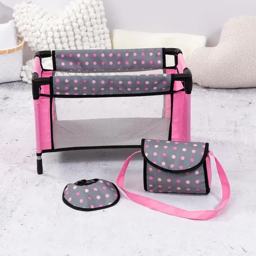 Vista 5 de Bayer Set de Trona/Cuna para Muñecas, Gris, Rosa con Puntos Nurturing Caregiving Set for 18 Inch Dolls with Travel Bag, Bib, Integrated High Chair