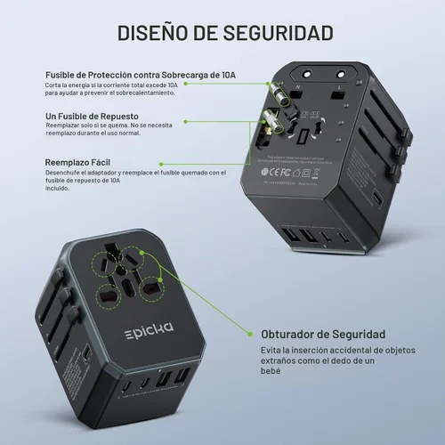 Vista 6 de EPICKA Adaptador de viaje universal, adaptador de enchufe de viaje europeo (no un convertidor de voltaje), adaptador de corriente internacional Gris