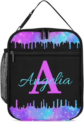 Vista 9 de Bolsa de almuerzo con nombre personalizado para hombres y mujeres, con monograma de purpurina azul, hielera, portátil, con nombre, para niñas