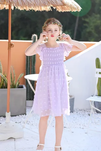 Vista 3 de Kids4ever 6-12T Vestido de gasa para niñas con pompones sólidos y volantes de manga corta con volantes y cuello cuadrado para niños