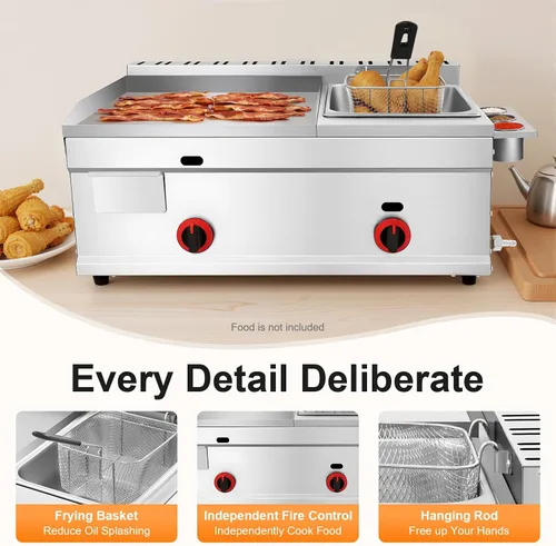 Vista 5 de Freidora de propano comercial, parrilla de gas propano de acero inoxidable de 6 litros con cesta extraíble, freidora de encimera de acero inoxidable
