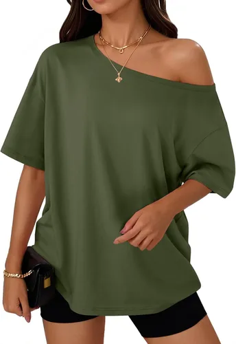 Vista 13 de Trendy Queen Camisetas de verano de gran tamaño con hombros descubiertos Negro