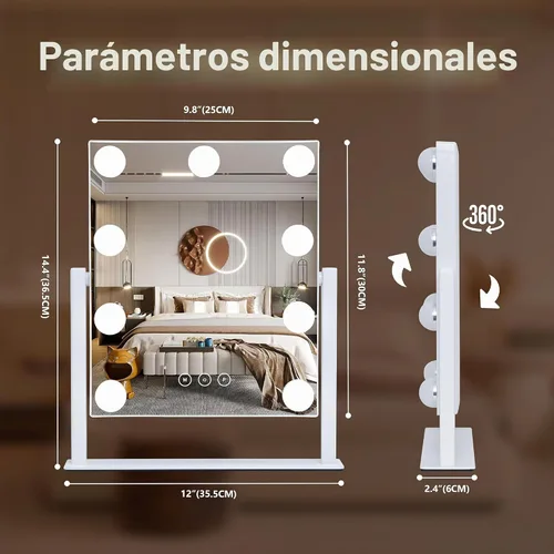 Vista 5 de Acoolda Espejo de tocador con luces, espejo de maquillaje Hollywood con 9 bombillas LED regulables, 3 modos de iluminación de color, aumento