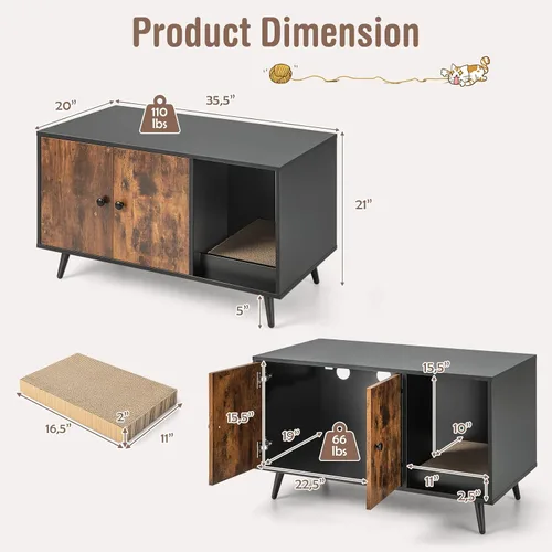 Vista 3 de Tangkula Caja de arena para gatos, baño para gatos con división, almohadilla para rascar, pata de metal, gabinete cerrado para mascotas con puertas