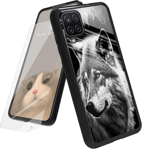 Vista 111 de Funda para Samsung Galaxy A12 5G con protector de pantalla, parte trasera de vidrio templado + TPU de silicona suave que absorbe los golpes
