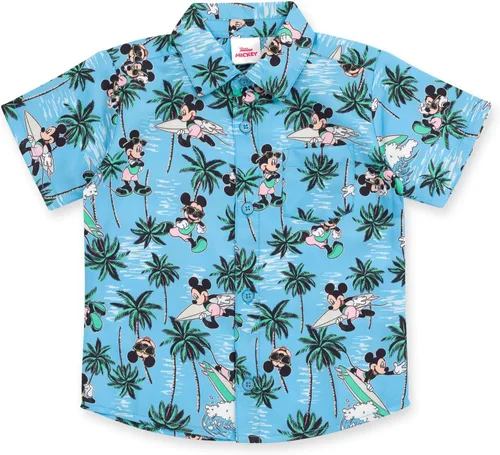 Vista 4 de Disney Mickey Mouse - Conjunto de camisa hawaiana con botones y pantalones cortos de Minnie Mouse para niños pequeños a niños grandes (2T - 14-16)