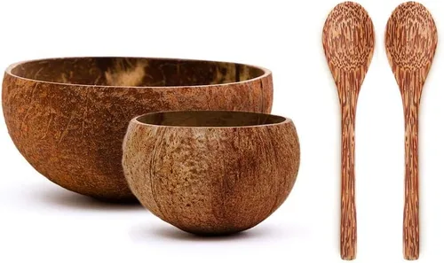 Vista 7 de Rainforest Bowls 2 cuencos de coco crudo ecológicos (pequeños y jumbo) con 2 tenedores de madera de coco, 100% natural, juego de cocina orgánico