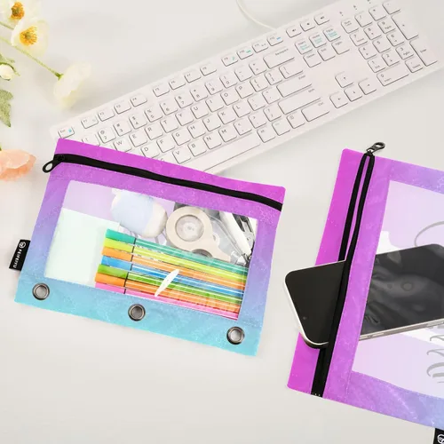 Vista 4 de Estuche para lápices personalizado degradado morado para 3 anillas, bolsa de lápices personalizada con cremallera, estuche transparente