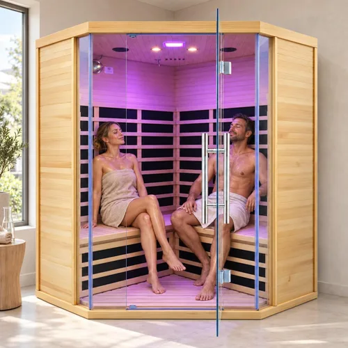 Vista 13 de Sala de sauna de infrarrojo lejano de 1350W para el hogar, sauna de madera canadiense de Hemlock de calentamiento rápido bajo EMF, luz de sauna que