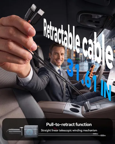 Vista 3 de EloBeth Cargador de coche retráctil de 120 W, cargador de coche 7 en 1 USB Cable gris-120W para Apple+Tipo C (actualizado)