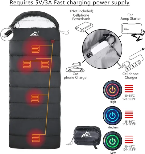 Vista 2 de Saco de Dormir Calefactado - 5pcs Almohadillas de Calefacción con Soporte de Alimentación Multi USB, Funciona con Banco de Energía de Batería u