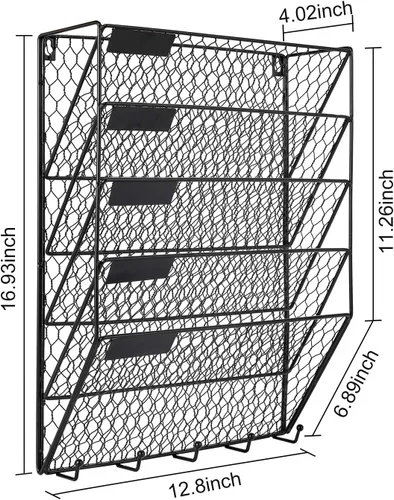 Vista 4 de Soporte de pared PAG para archivos, organizador de correo, metal, alambre de gallinero, soporte para pared, 3 niveles