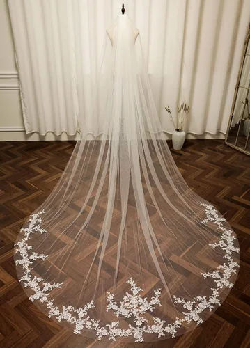 Vista 3 de Apliques de encaje de 1 nivel para mujer, velo de boda catedral, velo de novia largo con peine de metal