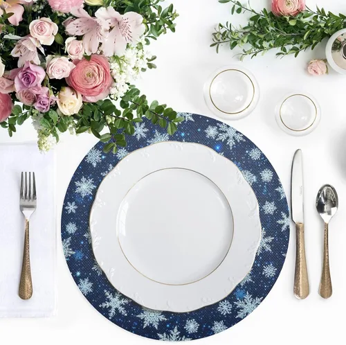 Vista 5 de White Blue Snowflakes Blue Dinner Table Placemats, Heat Resistant Non Slip Circle Washable Placemats for Kitchen one sizex1