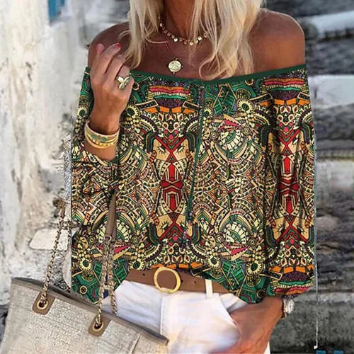 Vista 2 de Blusas y tops para mujer, estilo bohemio, con hombros descubiertos, ropa holgada con estampado africano, para mujer