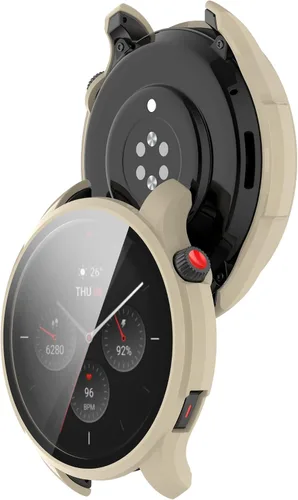 Vista 6 de Funda protectora compatible con Amazfit GTR 4, protector de pantalla de vidrio templado de policarbonato duro, ultrafina, cubierta completa, a