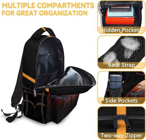 Vista 6 de Mochila escolar de baloncesto para niños, mochilas negras de 16 pulgadas para niños de 10 a 12 años, mochila ligera y fresca para viajes, Baloncesto