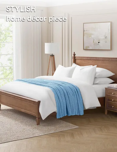 Vista 5 de YnM Manta de Punto Grueso de Algodón, Mantas de Punto Trenzado para Cama, Sofá, Sillón, Cómoda y Relajante, Pieza Decorativa para Casa de Campo Azul