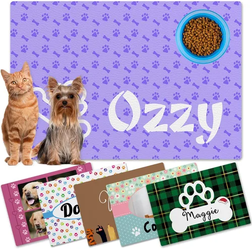 Vista 12 de Alfombrillas personalizadas de piel sintética para comida y agua, antideslizante e impermeable para nombre/foto, tapete personalizado