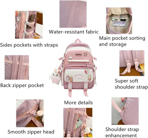 Vista 5 de Mfikaryi Mochila kawaii para niñas, bolsas escolares estéticas, bolsa de libros con bonito colgante de felpa para adolescentes, Púrpura, Mochilas