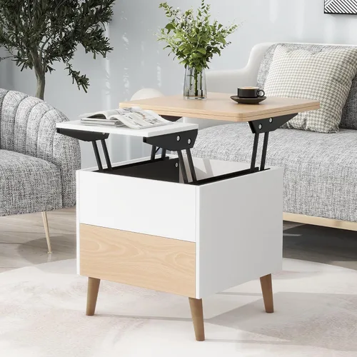 Vista 15 de Juego de 5 mesas auxiliares elevables con almacenamiento convertible con otomanas, para sala de estar, dormitorio, oficina, comedor (blanco antiguo)