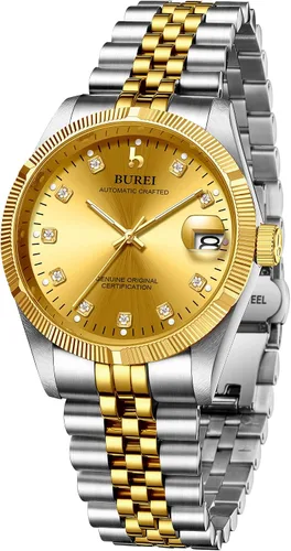 Vista 6 de BUREI Reloj automático para hombre, con fecha, pulsera de acero inoxidable, pulsera ajustable para hombre