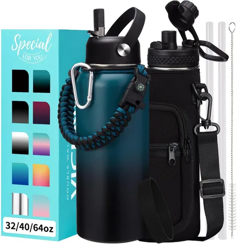 Vista 43 de Botellas de agua de 32 onzas aisladas con pajita y tapa para beber de un sorbo, asa de paracord, bolsa de transporte con correa, termo de triple