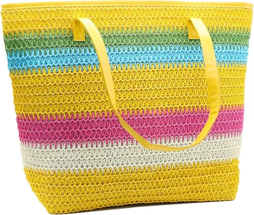 Vista 15 de Bolso grande de paja para mujer, tejido de ratán, bolso de playa de verano, a rayas