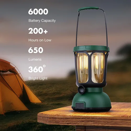 Vista 2 de Linterna de Camping LED 6000, 650LM Linterna Recargable con Manivela Manual y Batería Solar, Luces de Emergencia para Fallas de Energía en el Hogar